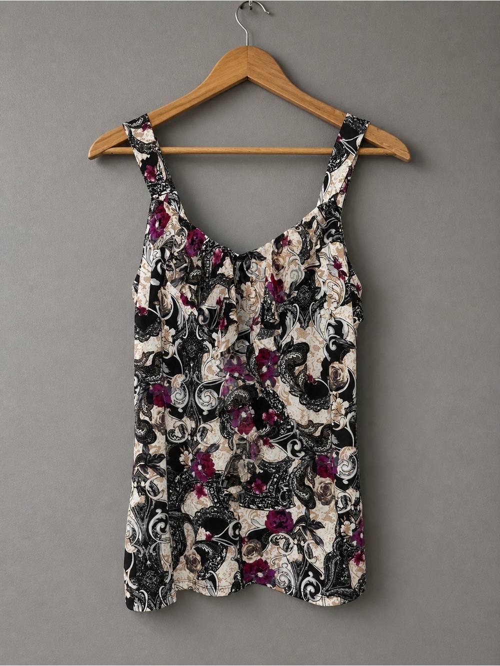 White House Black Market Black Cream and Purple Paisley Floral Tank